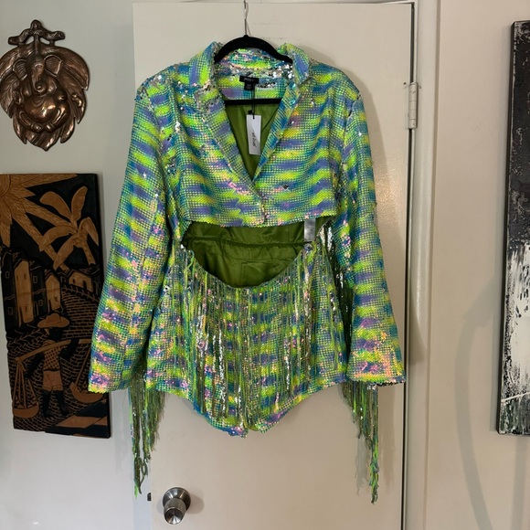 Nasty Gal Green and Blue Sequin Fringe Jumpsuit - Picture 3 of 9